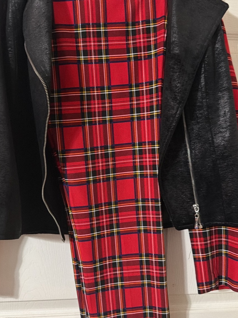 Red Tartan Plaid Pants with Black Faux Leather Jacket